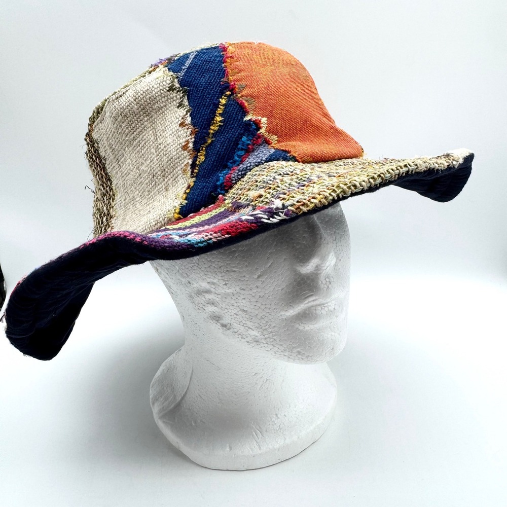 Patchwork‎ Wide Brim Fabric/Raffia Hat - One Size - Hippie Boho Festival Artsy